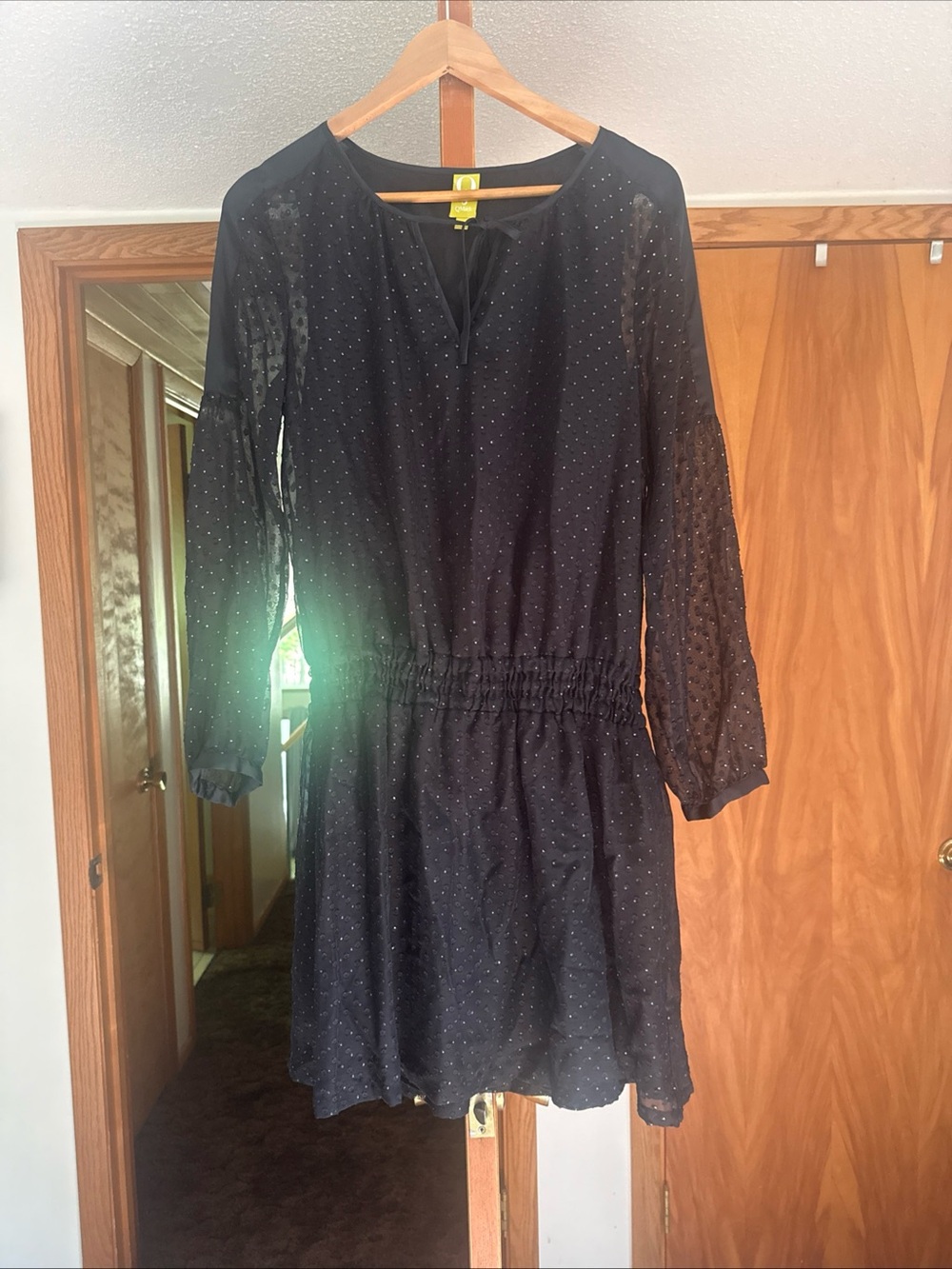 QMack Black Long-Sleeve Polka Dot Elastic-Waist Dress